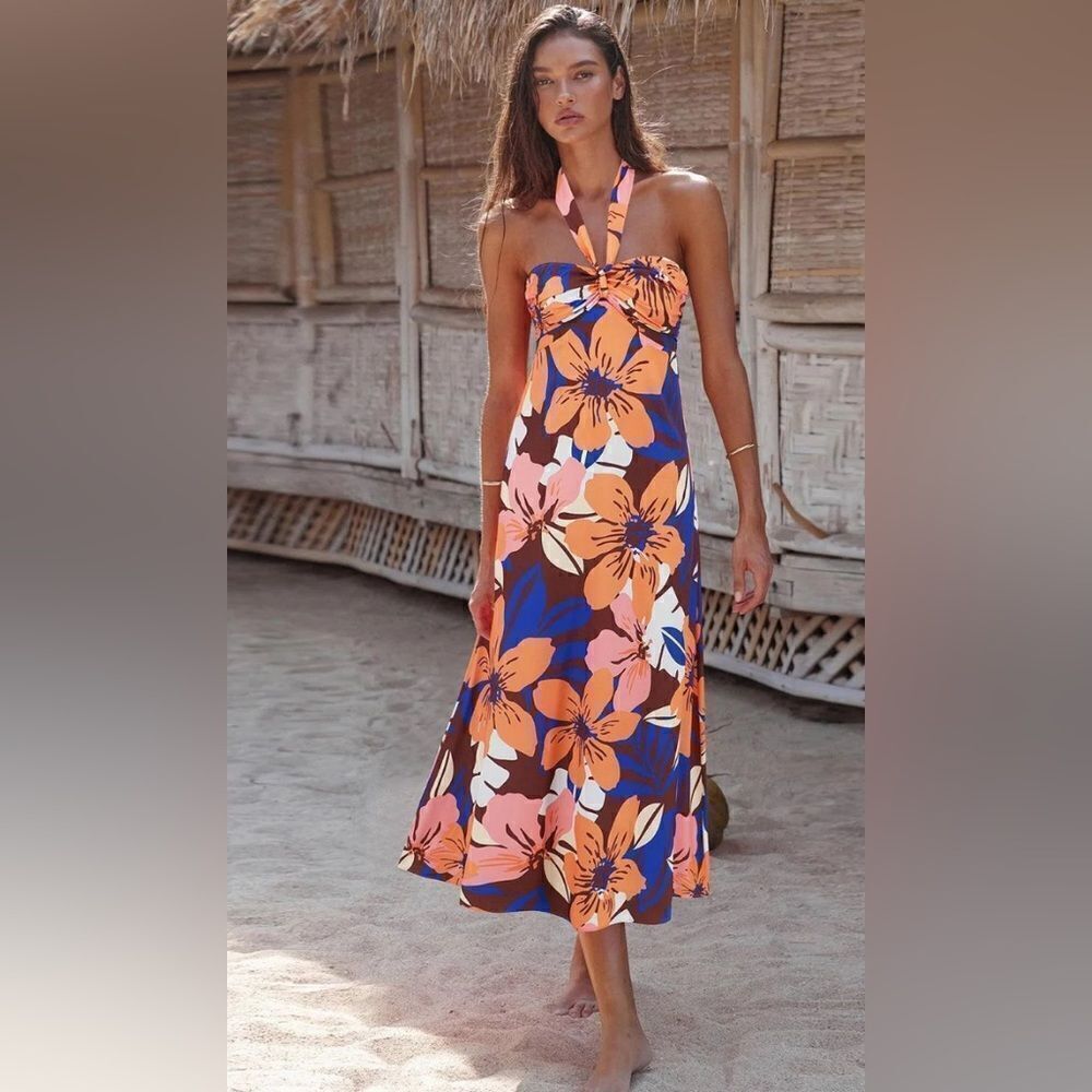 PRINTED HALTER NECK MIDI CAMI DRESS Size Large